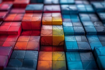 Poster - Selective focus image of colorful 3D cubes creating a pattern with depth and texture across the frame