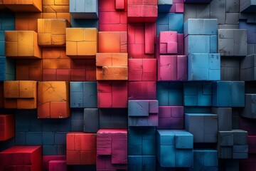 Poster - A mesmerizing pattern of 3D rendered cubes with an interplay of lights, shadows, and vibrant colors creating depth