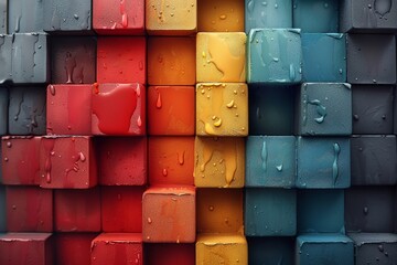 Poster - Realistic 3D render of colorful cubes with water droplets, adding a touch of nature to the geometric design
