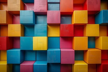 Poster - Neatly organized square blocks in bold colors forming a structured, geometric wall pattern
