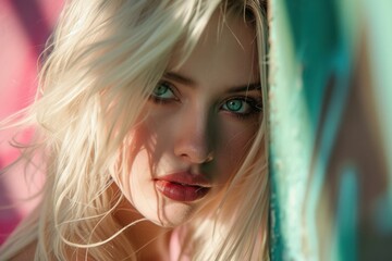 Wall Mural - Close-up of a blonde woman with captivating blue eyes in natural light