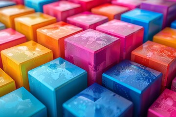 Poster - Macro shot of colorful cubes with water droplets on them, highlighting texture and depth