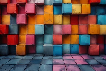 Poster - A creative and colorful abstract pattern formed by a wall of various hued blocks with a textured surface