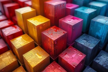 Poster - Macro shot of dew drops on colorful geometric shapes with a gradient light effect