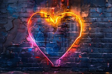 Poster - Vibrant neon heart surrounded by colorful graffiti on a weathered brick wall showcasing vivid urban street art