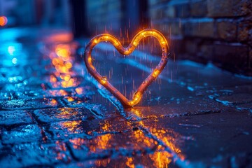 Poster - A solitary neon heart sign glows warmly amidst a shower, creating a reflection on the wet cobblestone path