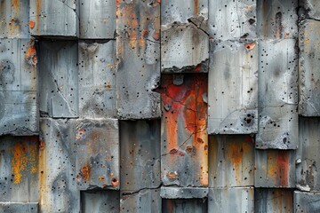 Poster - A close-up view of weathered metal plates with interesting rusty textures and pops of color, symbolizing decay and time