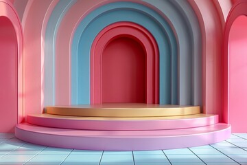 Poster - This image shows a contemporary baby blue and pink podium with arches in a minimalist setup