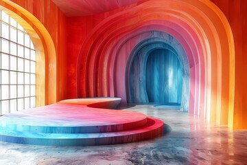 Poster - A vibrant image with rainbow hues arches leading up to an icy blue podium in a textured space