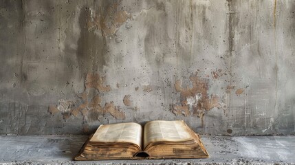 Wall Mural - An old book sitting on a concrete floor next to an ugly wall, AI