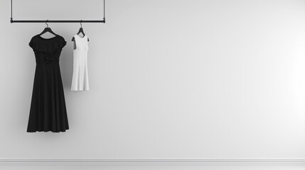 A black dress hanging on a hanger in front of white wall, AI