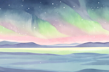 Wall Mural - Watercolor northern lights illuminating the vast expanse of the Arctic tundra, with endless plains stretching to the horizon, Animation, Illustration