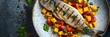Pan-seared sea bass with mango salsa, top view horizontal food banner with copy space