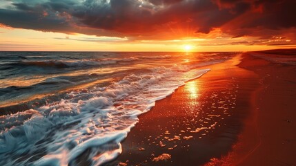Wall Mural - As the sun sets over the Baltic Sea on the Summer Solstice during Ligo celebrations casting a golden hue across the sky and turning it a fiery red the tranquil sea gently kisses the shores 