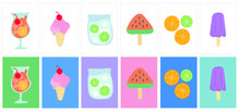 Summer Postcards Icon Set Cute Pastel Tones Flat Design Modern Minimal, Food, Beach, Lemon, Orange, Ice Cream, Watermelon, Popsicle Ice, Lemonade, Margarita.
