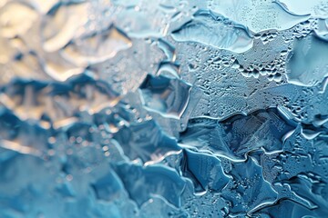 Poster - Intimate close-up of water droplets on glass featuring a gradient from clear to blue, reflecting mood and atmosphere