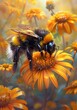 Morning Illumination Bumblebee Engaging in Pollination on a Vibrant Daisy within a Lush Garden Displaying Stunning Realism and Natural Beauty