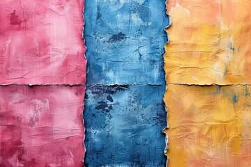 Poster - The image features three panels with coarse textures in pink, blue, and yellow hues, divided by black lines