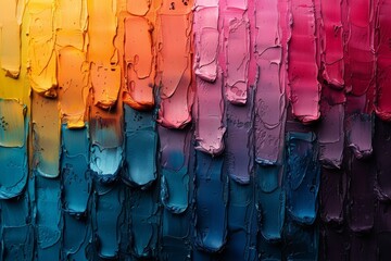 Poster - A detailed shot of multi-colored paint dripping down a canvas, showcasing a beautiful gradient effect