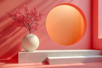 Poster - A striking image featuring a vibrant pink wall, a spherical decoration, and a blossoming branch in a vase