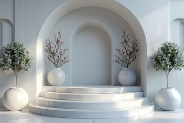Poster - Contemporary arch design with steps and decorative plants in white vases against a textured wall