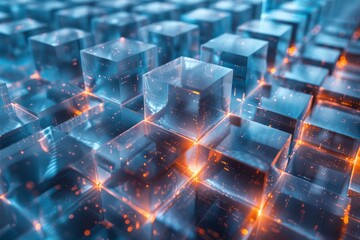 Poster - Digital illustration of glowing blue cubes with connections on a dark background, depicting network concept