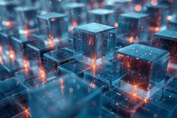 Poster - Artistic graphic of reflective cubes with glowing edges and floating particles in a dark ambient