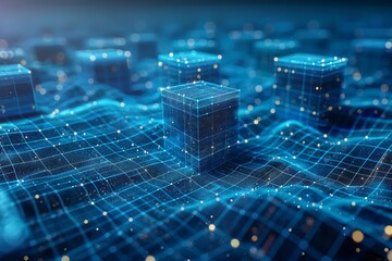 Poster - 3D render of wireframe cubes rising from a glowing digital grid with connected lines