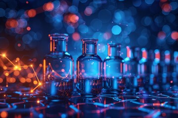 Poster - Transparent scientific glassware containing liquids illuminated with a blue neon light in a futuristic setting