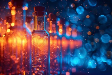 Poster - A high-definition image of a glowing liquid in a flask symbolizing experiments and discoveries in a neon-lit laboratory environment