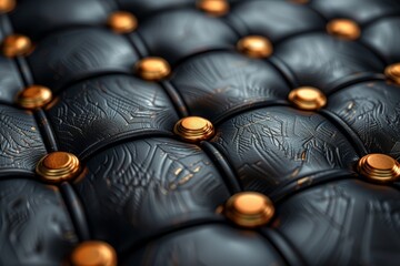 Poster - This abstract image shows an array of black textured spheres connected by golden hinges, creating a sense of luxury and complexity