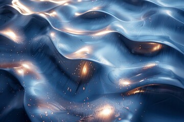 Poster - Ethereal blue waves sprinkled with glowing golden particles and bright light spots create a magical scenery