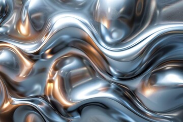Poster - A high-definition metallic surface with a wavy texture, blending silver and copper hues in a fluid design