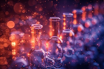 Poster - Scientific concept with transparent flasks in a bokeh neon lights background, suggesting research and innovation