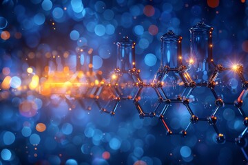 Poster - Futuristic image featuring laboratory glassware with illuminated connection lines amid a sparkling bokeh backdrop