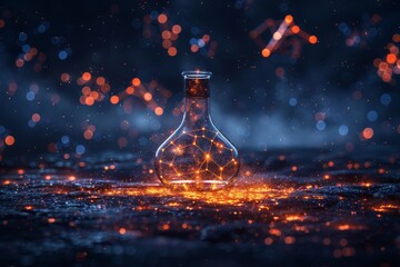 Poster - A glowing laboratory flask with a visible molecular structure set against a dark, bokeh-filled background