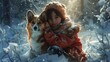 A young girl sits amidst the snow cradling a corgi tenderly in her arms