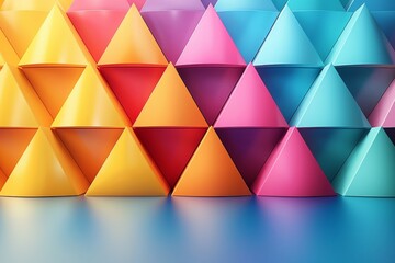 Poster - A gradient of pink to yellow geometric triangles layered to create depth and a striking color transition, giving off a dynamic and playful vibe