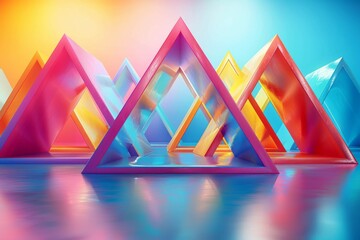 Poster - Stunning reflective triangular glass prisms arranged in water with a warm gradient sky backdrop