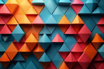 Poster - A vibrant array of 3D pyramids creating a visually engaging geometric pattern on a wall