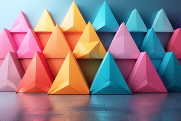 Poster - A creative room setting with colorful 3D pyramid shapes against a cool-hued wall
