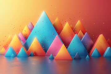 Poster - 3D pyramids on a reflective surface surrounded by floating particles in warm lighting