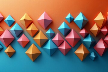 Poster - Dynamic and stylish abstract composition made of colorful geometric triangles artfully arranged on an orange to blue gradient backdrop