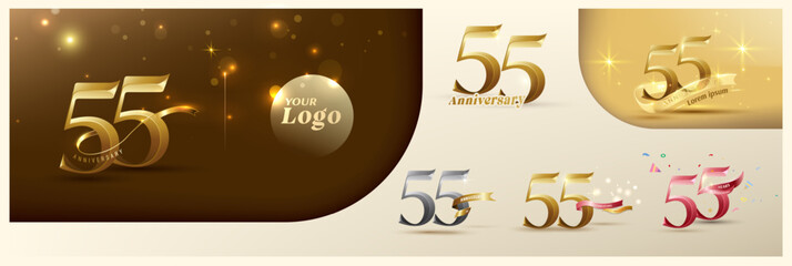 Wall Mural - 55th anniversary logotype modern gold number with shiny ribbon. alternative logo number Golden anniversary celebration