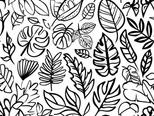 Wall Mural - A black and white drawing of various leaves and flowers. Doodle and cartoon style. 