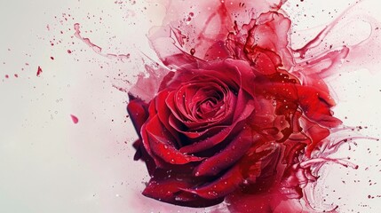 Wall Mural - A stunning red rose delicately painting the white background in a close up shot with sprays of color