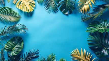 Canvas Print - Tropical leaves arranged in a circle on blue background, AI