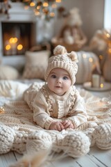 Poster - A baby in a white hat and sweater laying on the floor, AI