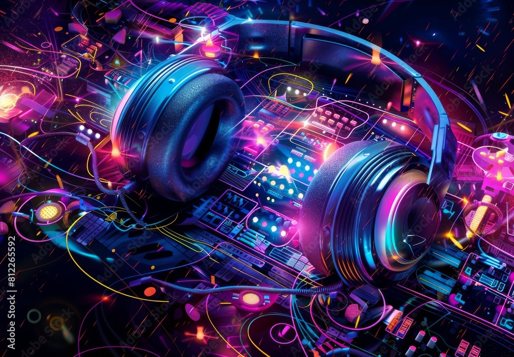 A creative interpretation of headphones and a soundboard with an ...