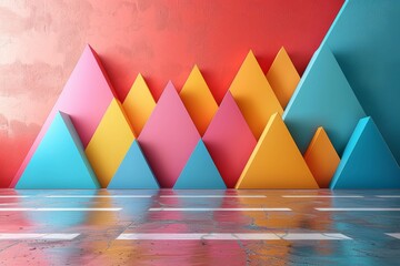 Poster - Vibrant pink, yellow, and blue pyramid shapes in a modern geometric wall art installation